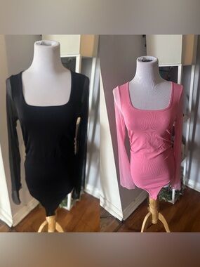 OQQ Women's Long Sleeve Mesh Bodysuit - Black and Pink